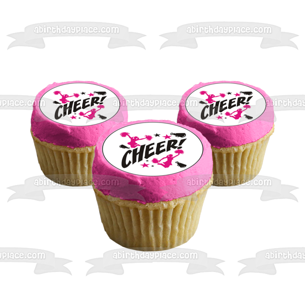 Estrellas de porristas Megáfonos Siluetas de porristas rosadas y negras Imágenes comestibles para cupcakes ABPID55963 