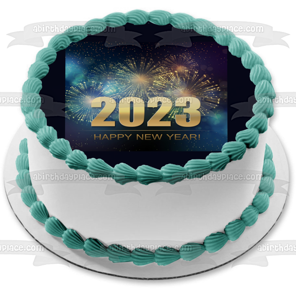 Feliz año nuevo 2023 Fuegos artificiales Adorno comestible para tarta Imagen ABPID56803 