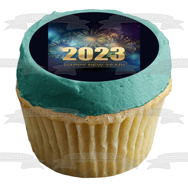 Feliz año nuevo 2023 Fuegos artificiales Adorno comestible para tarta Imagen ABPID56803 