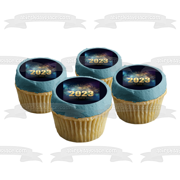 Feliz año nuevo 2023 Fuegos artificiales Adorno comestible para tarta Imagen ABPID56803 