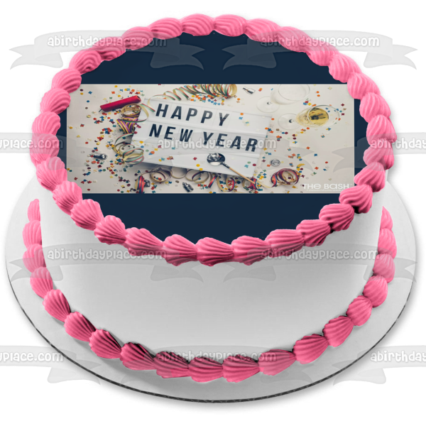 Imagen comestible para decoración de tarta con confeti de feliz año nuevo ABPID56801 