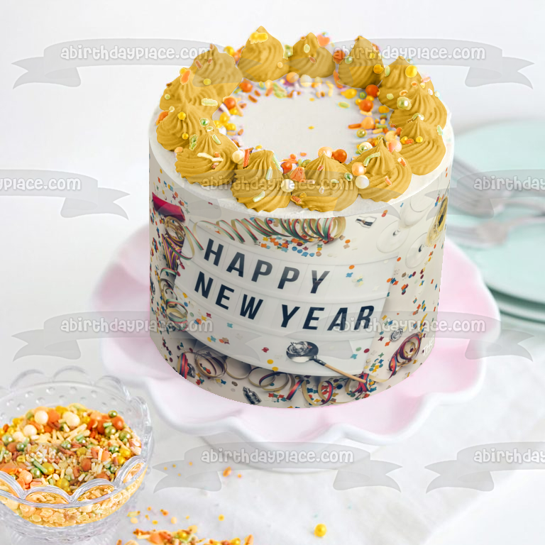 Imagen comestible para decoración de tarta con confeti de feliz año nuevo ABPID56801 