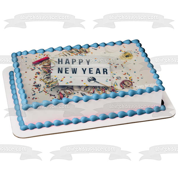 Imagen comestible para decoración de tarta con confeti de feliz año nuevo ABPID56801 