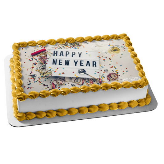 Imagen comestible para decoración de tarta con confeti de feliz año nuevo ABPID56801 