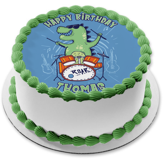 Rockosaurus Rex Drummer Rock Band Dinosaur Tyrannosaurus T-Rex Cartoon Illustration Edible Cake Topper Image ABPID56861