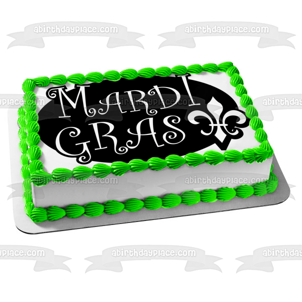 Happy Mardi Gras Black and White Edible Cake Topper Image ABPID56996