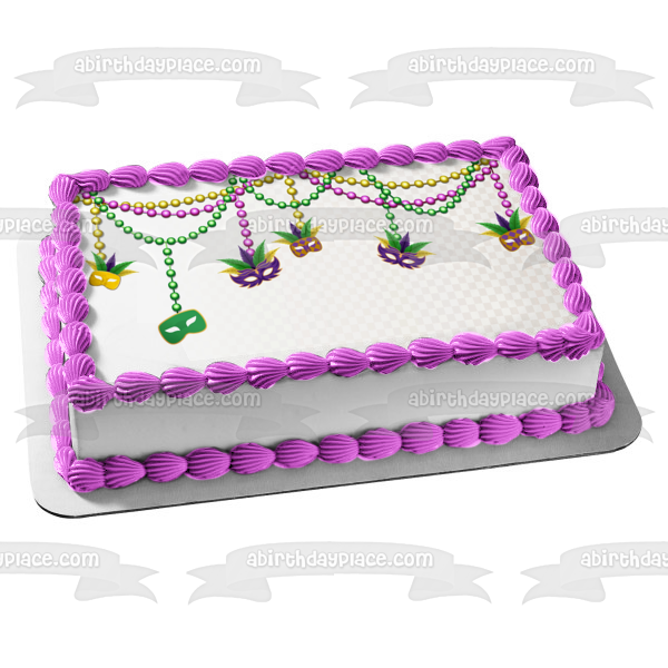 Happy Mardi Gras Colorful Masks and Beads Edible Cake Topper Image ABPID57030