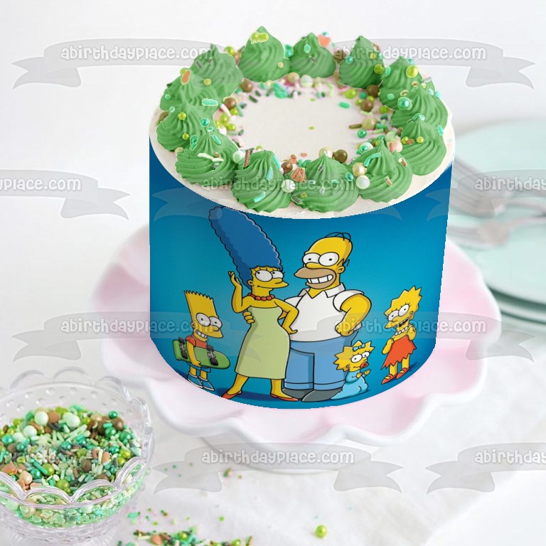 Decoración comestible para tarta de Los Simpson, Marge, Homer, Maggie, Lisa y Bart, imagen ABPID57033 