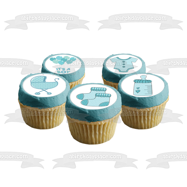 Baby Shower It's a Boy Baby Bottle Onsie Stroller Socks and Balloons Edible Cupcake Topper Images ABPID57199