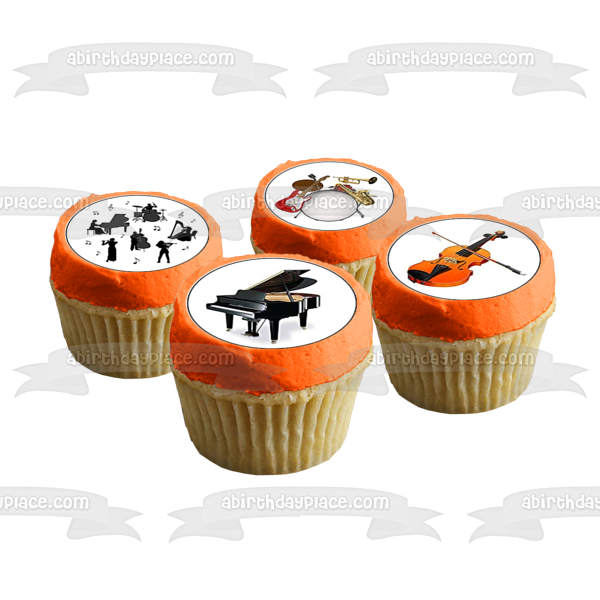 Music Themed Piano Drums Music Notes Violin and a Trumpet Edible Cupcake Topper Images ABPID57194