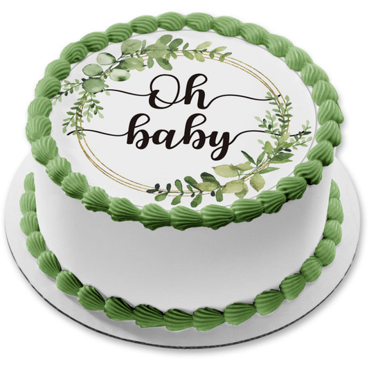 Baby Shower Oh Baby Green Flowers Edible Cake Topper Image ABPID57222