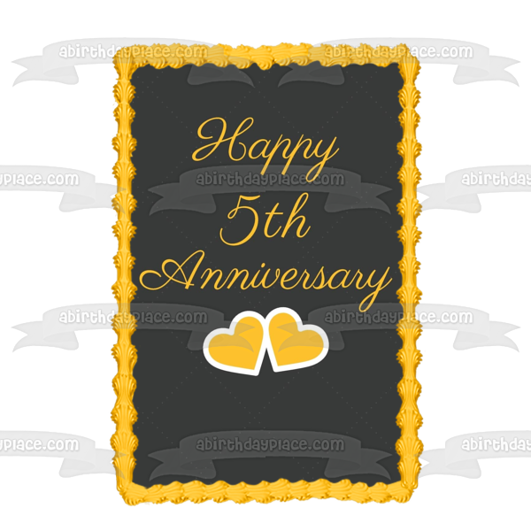 Happy 5th Anniversary Gold Hearts Edible Cake Topper Image ABPID57208