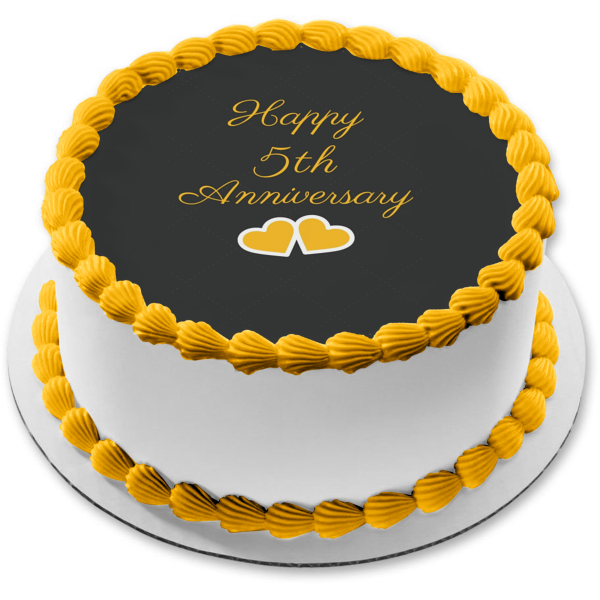 Happy 5th Anniversary Gold Hearts Edible Cake Topper Image ABPID57208