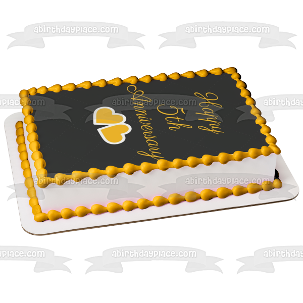 Happy 5th Anniversary Gold Hearts Edible Cake Topper Image ABPID57208