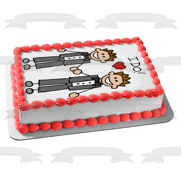 ¡El día de la boda lo hago! Imagen comestible para decoración de tarta con corazón rojo de hombre y hombre ABPID57225 