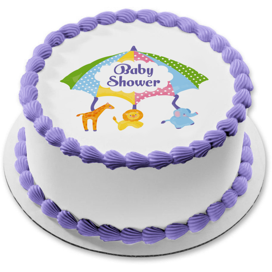 Baby Shower Celebration  Giraffe Lion and Elephant Edible Cake Topper Image ABPID57227