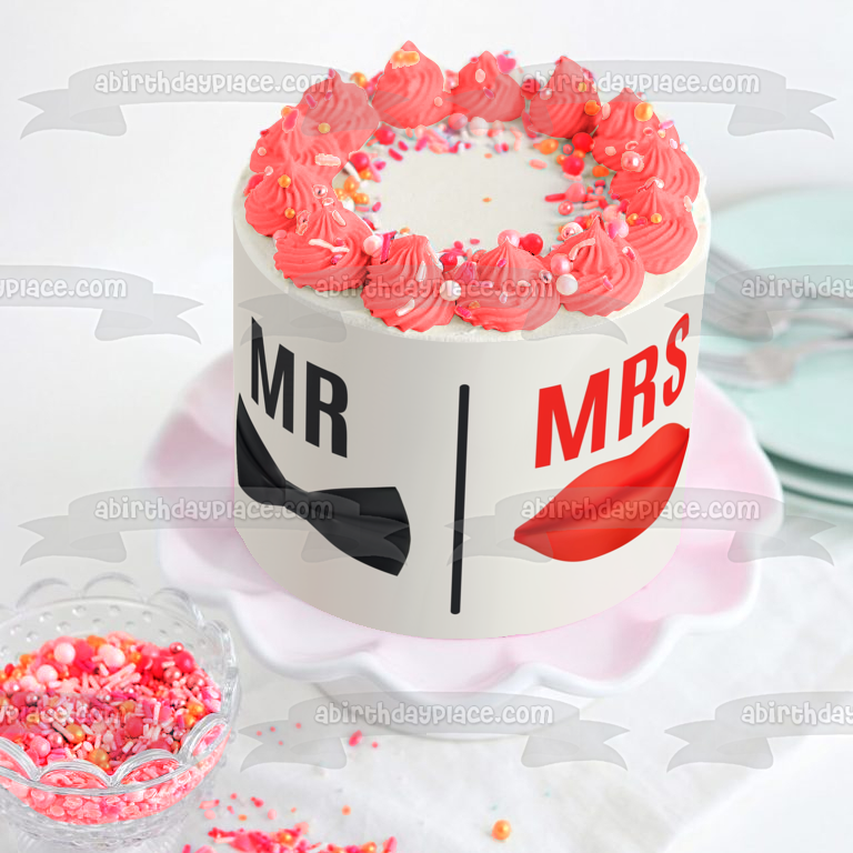 Día de la boda Sr. y Sra. Bigote y labios rojos Adorno comestible para tarta Imagen ABPID57212 