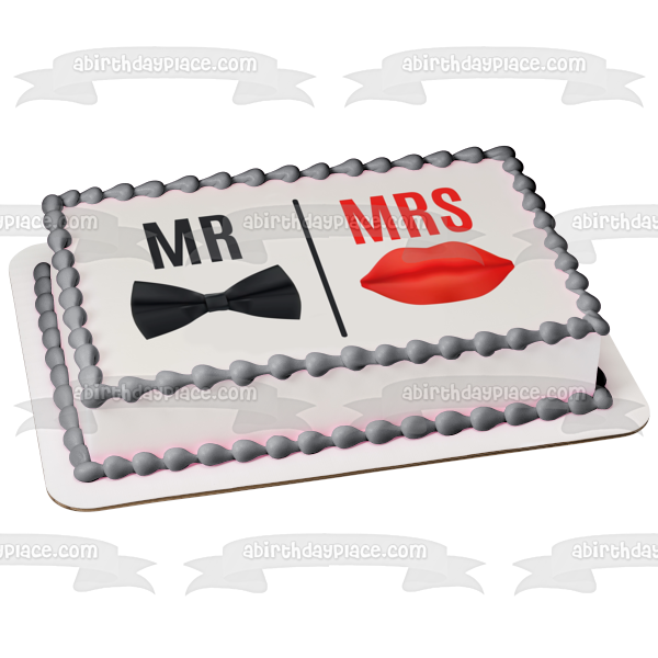 Día de la boda Sr. y Sra. Bigote y labios rojos Adorno comestible para tarta Imagen ABPID57212 