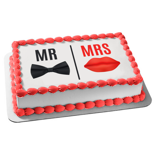 Wedding Day Mr and Mrs Mustache and Red Lips Edible Cake Topper Image ABPID57212