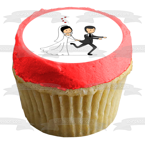 Día de la boda Ilustración de novia y novio Corazones rojos Adorno comestible para tarta Imagen ABPID57217 