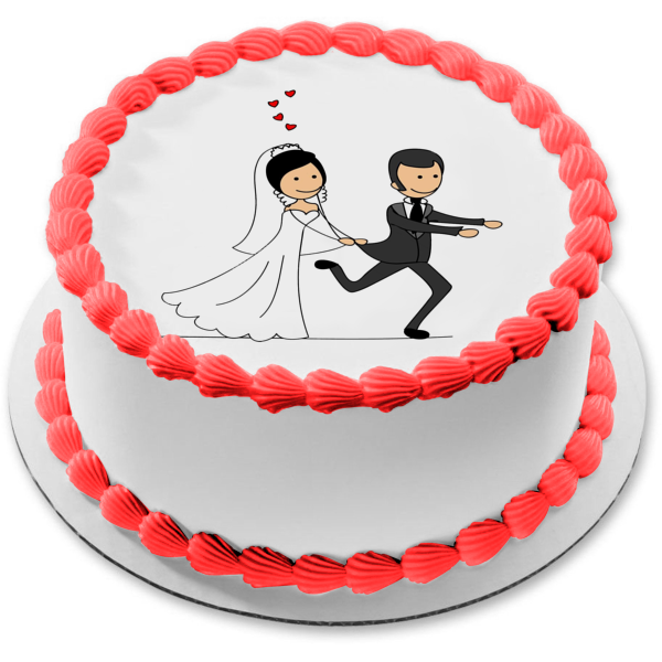 Día de la boda Ilustración de novia y novio Corazones rojos Adorno comestible para tarta Imagen ABPID57217 