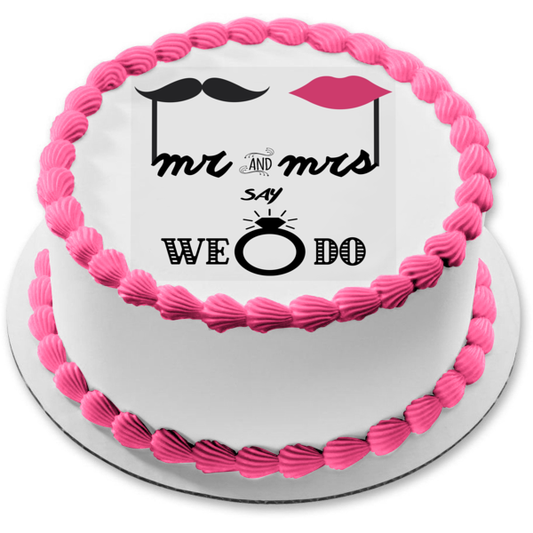 Wedding Day Mr. And Mrs. Say We Do Diamond Ring Mustache and Pink Lips Illustration Edible Cake Topper Image ABPID57218