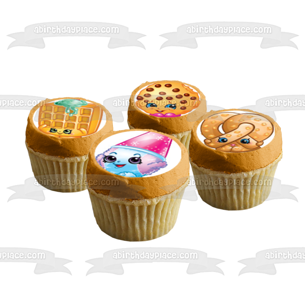 Shopkins Shoppies Kooky Cookie Poppa Pretzle Waffle Sue Wishes y Polly Polish Edible Cupcake Topper Imágenes ABPID03384