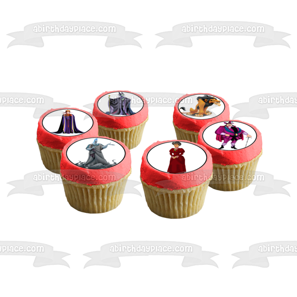 Villians Cruella De Ville Ursula Scar Maleficent Captain Hook Yzma Stepmother Governor Ratcliffe Evil Queen and Gaston Edible Cupcake Topper Images ABPID03551