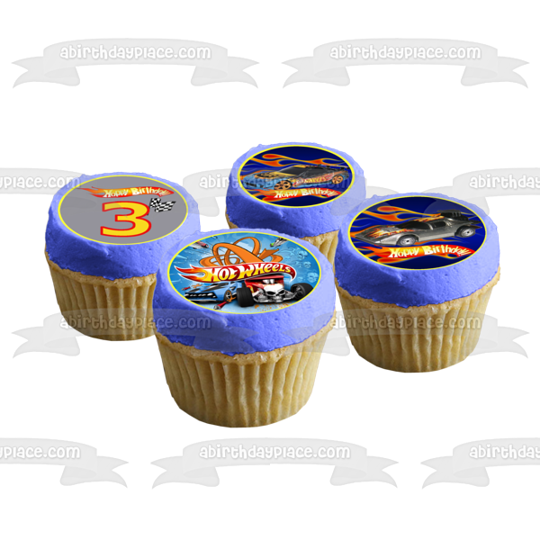 Hot Wheels Happy 3rd Birthday Logo Cars Edible Cupcake Topper Images ABPID05499