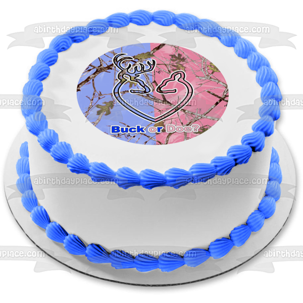 Buck or Doe Gender Reveal Blue and Pink Camo Edible Cake Topper Image ABPID57433