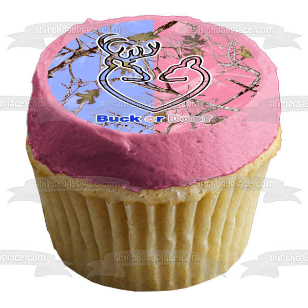 Buck or Doe Gender Reveal Blue and Pink Camo Edible Cake Topper Image ABPID57433