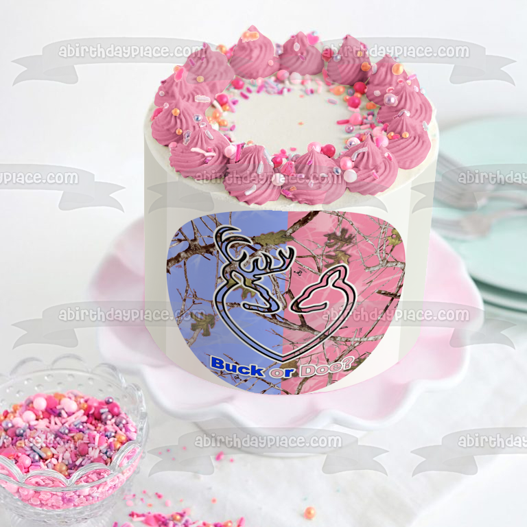 Buck or Doe Gender Reveal Blue and Pink Camo Edible Cake Topper Image ABPID57433