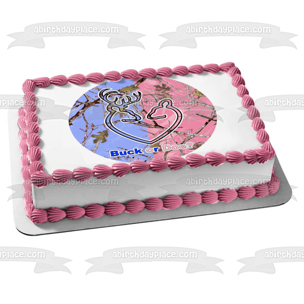 Buck or Doe Gender Reveal Blue and Pink Camo Edible Cake Topper Image ABPID57433