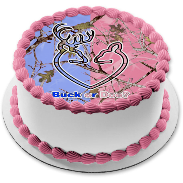 Buck or Doe Gender Reveal Blue and Pink Camo Edible Cake Topper Image ABPID57433