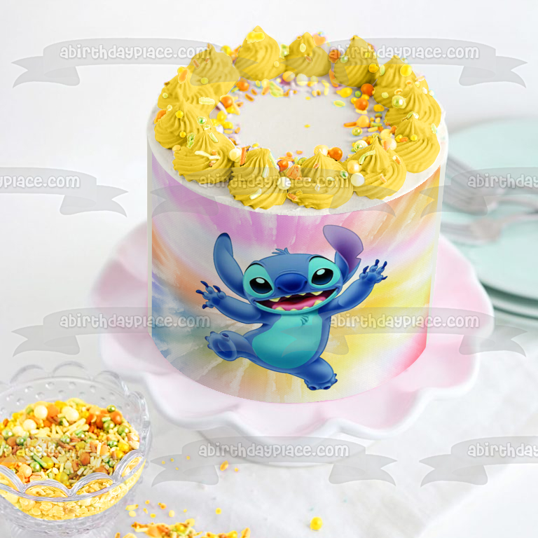 Imagen comestible para decoración de tarta con fondo Tye Dye de Lilo y Stitch ABPID57500 