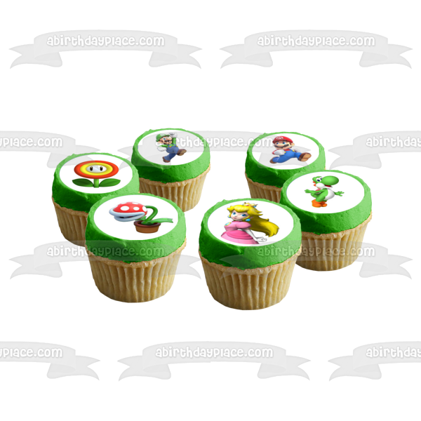 Super Mario Brothers Luigi Yoshi Toad Starman Princesa Peach y una estrella verde Imágenes comestibles para cupcakes ABPID07326 