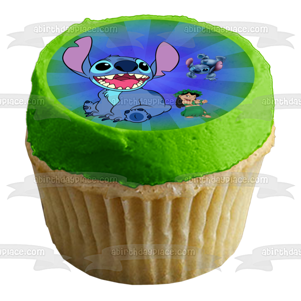 Lilo y Stitch con un fondo azul y verde desvanecido Imagen comestible para decoración de tarta ABPID57654 