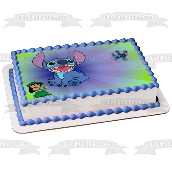 Lilo y Stitch con un fondo azul y verde desvanecido Imagen comestible para decoración de tarta ABPID57654 