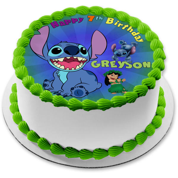 Lilo y Stitch con un fondo azul y verde desvanecido Imagen comestible para decoración de tarta ABPID57654 