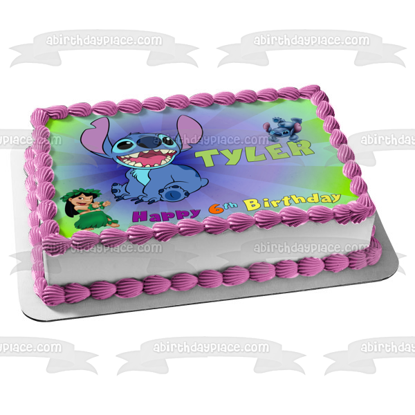 Lilo y Stitch con un fondo azul y verde desvanecido Imagen comestible para decoración de tarta ABPID57654 