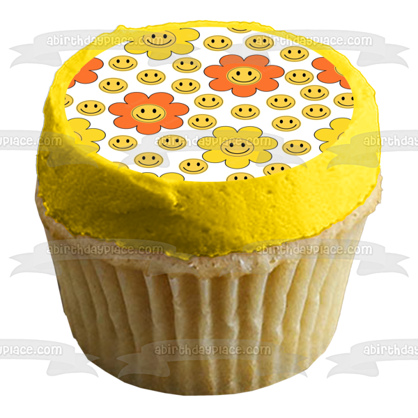 Imagen de decoración comestible para tarta con flores de cara sonriente retro amarilla y naranja ABPID57656 