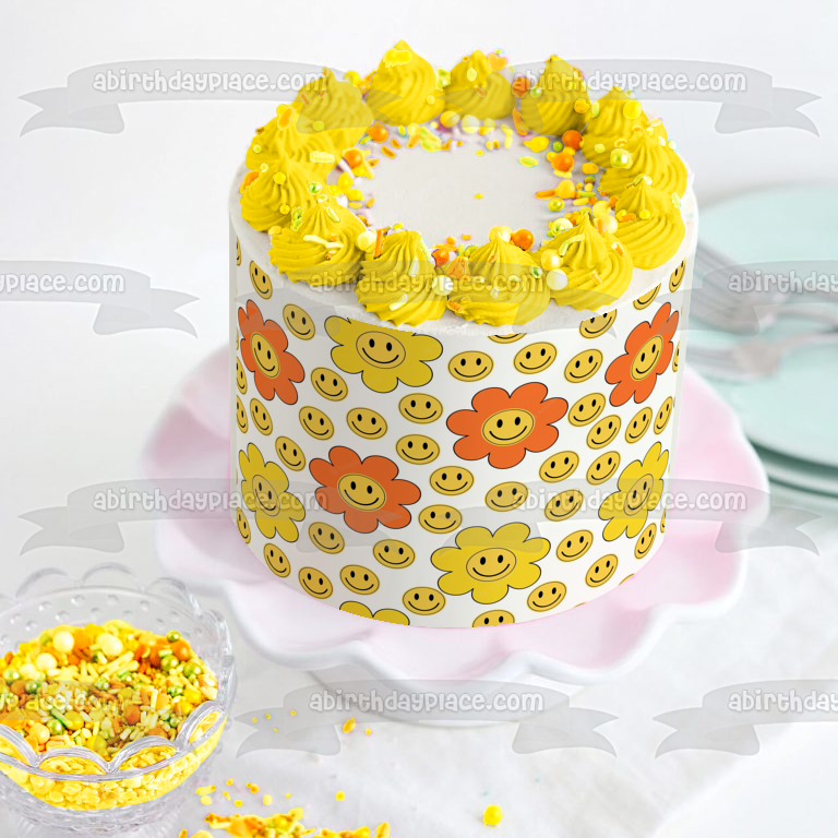 Imagen de decoración comestible para tarta con flores de cara sonriente retro amarilla y naranja ABPID57656 