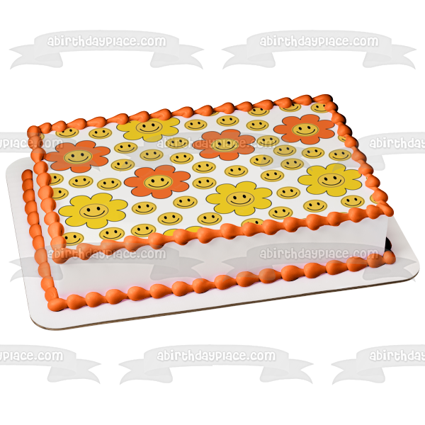 Imagen de decoración comestible para tarta con flores de cara sonriente retro amarilla y naranja ABPID57656 