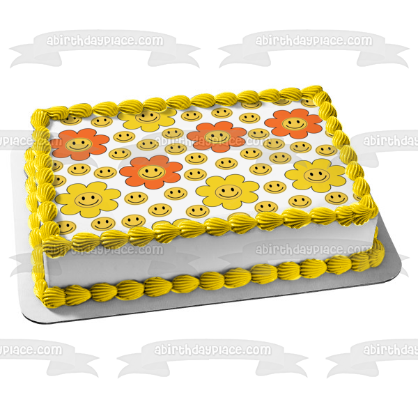 Imagen de decoración comestible para tarta con flores de cara sonriente retro amarilla y naranja ABPID57656 