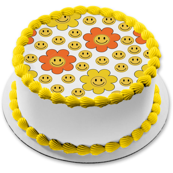 Imagen de decoración comestible para tarta con flores de cara sonriente retro amarilla y naranja ABPID57656 