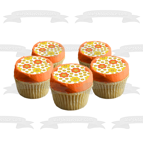 Imagen de decoración comestible para tarta con flores de cara sonriente retro amarilla y naranja ABPID57656 