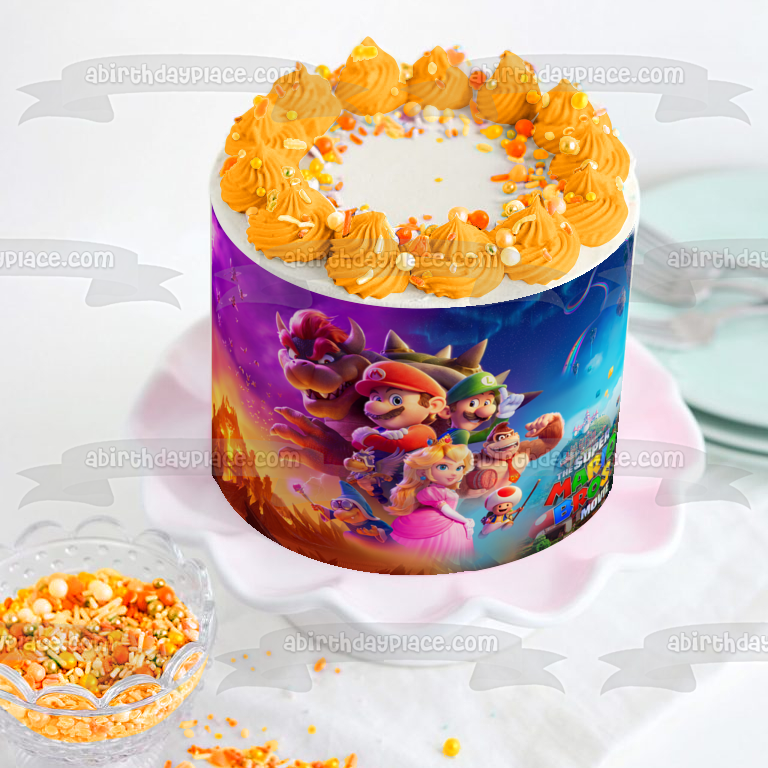 Decoración comestible para tarta de la película Super Mario Bros. Luigi Bowser y la princesa Peach Imagen ABPID57614 