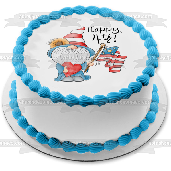 Feliz 4 de julio Gnomo y la bandera estadounidense Imagen comestible para decoración de tarta ABPID57709 