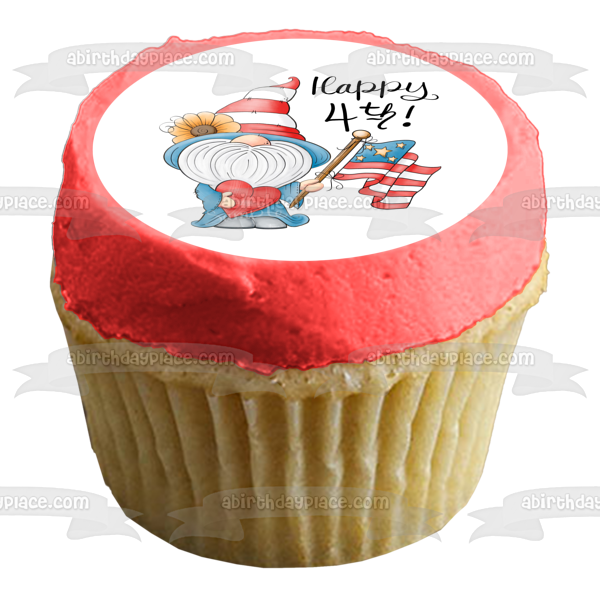 Happy 4th of July Gnome and the American Flag Edible Cake Topper Image ABPID57709