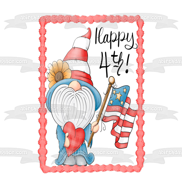 Happy 4th of July Gnome and the American Flag Edible Cake Topper Image ABPID57709